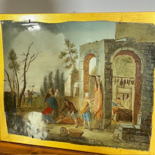 Antique pair beautiful paintings on glass eighteenth century Venetian school. Peasant scenes mis 46 x 3