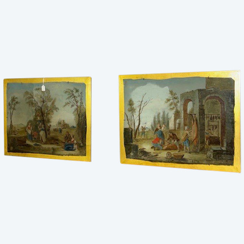 Antique pair beautiful paintings on glass eighteenth century Venetian school. Peasant scenes mis 46 x 3