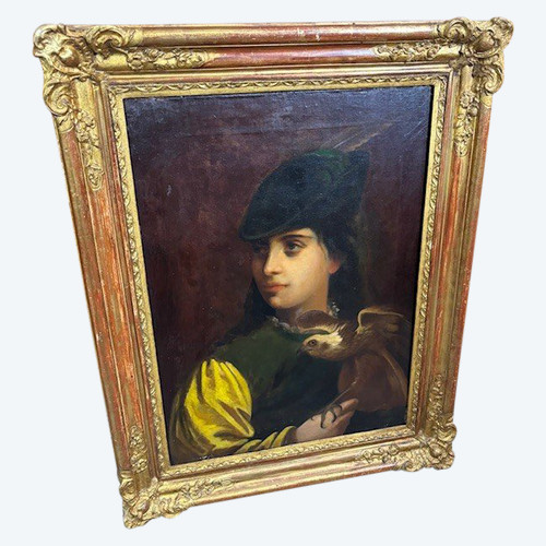 Antique early 19th century oil on canvas painting "Falconer " in gold leaf frame . Meas 82 x 64