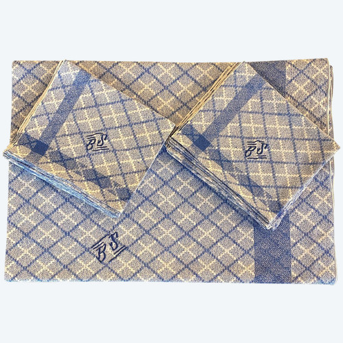 Tablecloth accompanied by 12 Blue And White Napkins Monogrammed BS XX ème