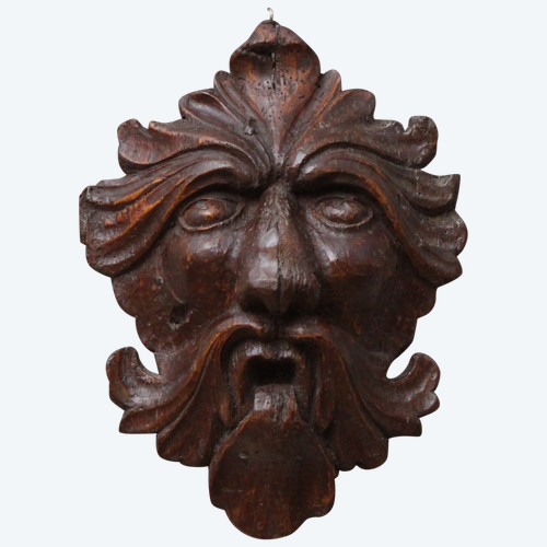 Mascaron "masque Feuillu" In Carved Wood, 17th Century