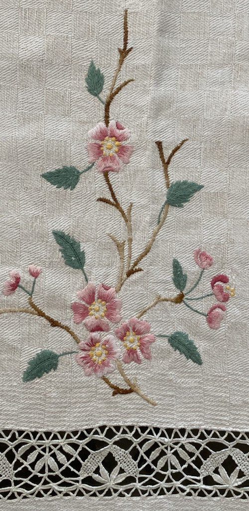 Large Linen Flower Embroidered Tablecloth 19th century