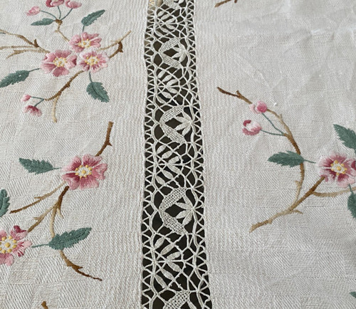 Large Linen Flower Embroidered Tablecloth 19th century