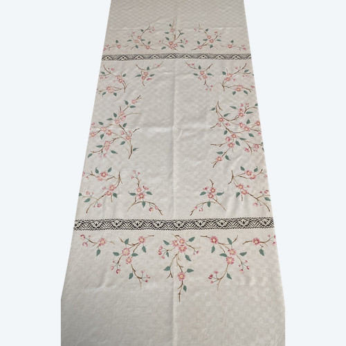 Large Linen Flower Embroidered Tablecloth 19th century