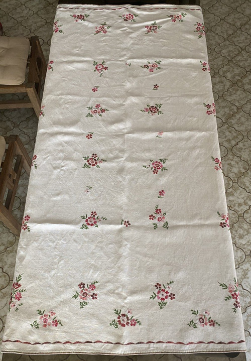 Embroidered floral linen tablecloth 19th century