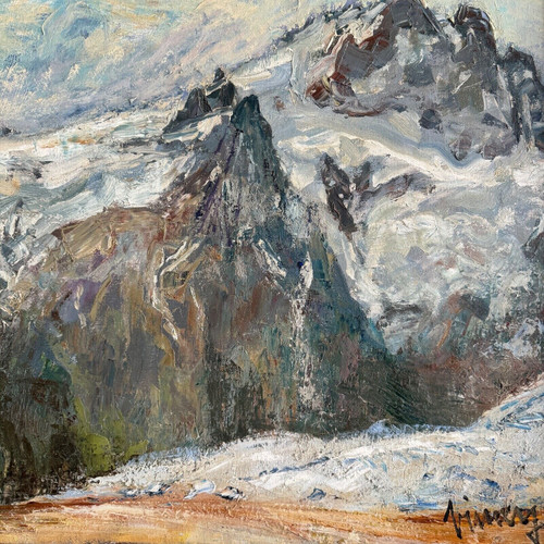 Huile sur toile par Jean Vinay La Meije et la Meijette vue de montagne