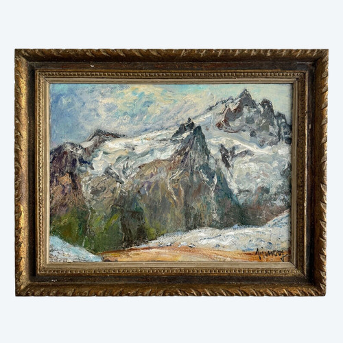 Huile sur toile par Jean Vinay La Meije et la Meijette vue de montagne