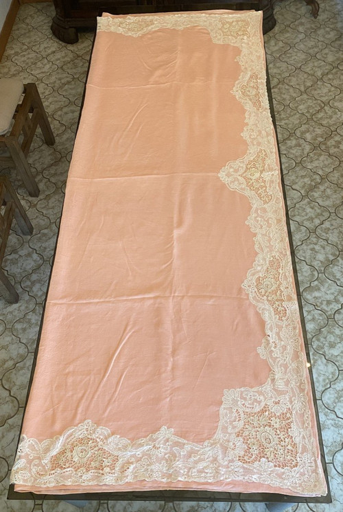  Luxeuil Lace Pink Linen Thread Sheet and Bolster with 19th C. Flower Design