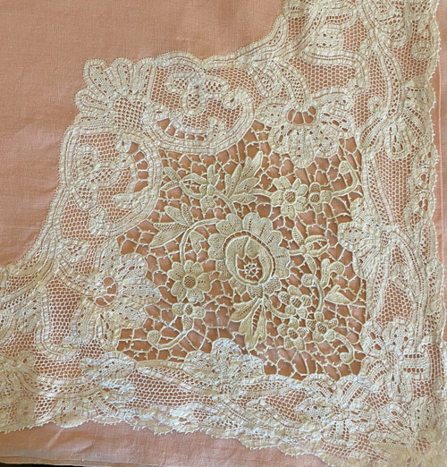  Luxeuil Lace Pink Linen Thread Sheet and Bolster with 19th C. Flower Design