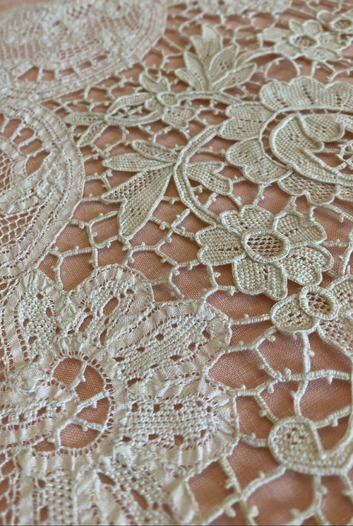  Luxeuil Lace Pink Linen Thread Sheet and Bolster with 19th C. Flower Design