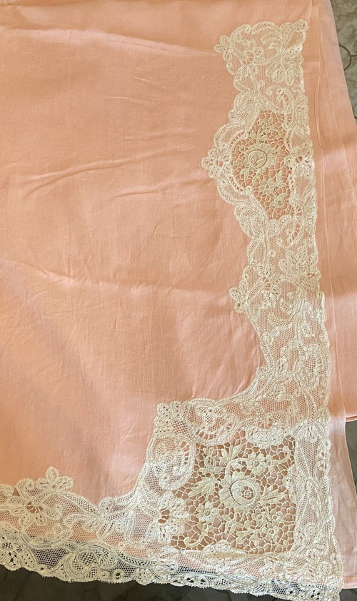  Luxeuil Lace Pink Linen Thread Sheet and Bolster with 19th C. Flower Design