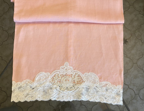  Luxeuil Lace Pink Linen Thread Sheet and Bolster with 19th C. Flower Design