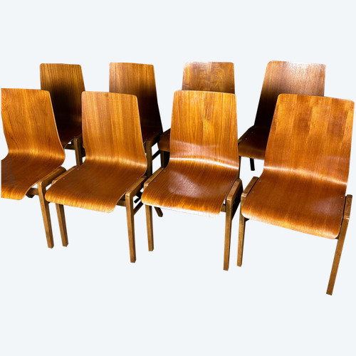 Chaises (série de 8) scandinaves en hêtre thermoformé 1960'S