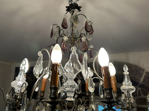 Chandelier 6 Lights Bronze Cut Crystal Pendants Knives 19th century