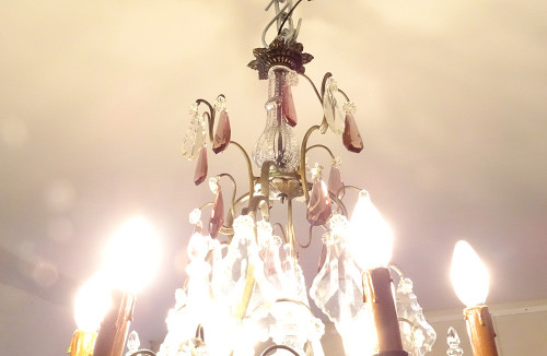 Chandelier 6 Lights Bronze Cut Crystal Pendants Knives 19th century