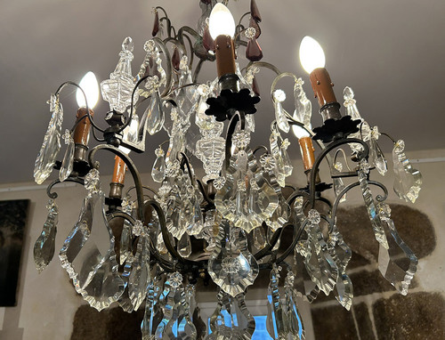 Chandelier 6 Lights Bronze Cut Crystal Pendants Knives 19th century