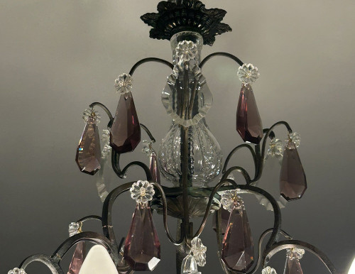 Chandelier 6 Lights Bronze Cut Crystal Pendants Knives 19th century