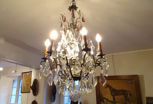 Chandelier 6 Lights Bronze Cut Crystal Pendants Knives 19th century