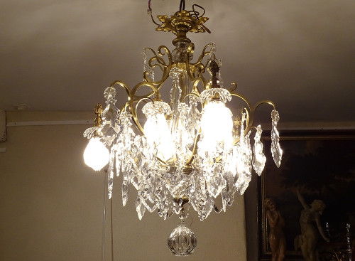 Chandelier Cage 6 Lights Gilded Bronze Cut Crystal Flower Pampilles XIXè Siècle