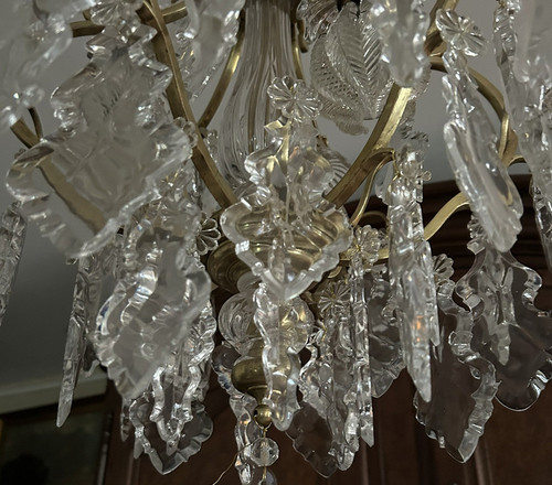 Chandelier Cage 6 Lights Gilded Bronze Cut Crystal Flower Pampilles XIXè Siècle