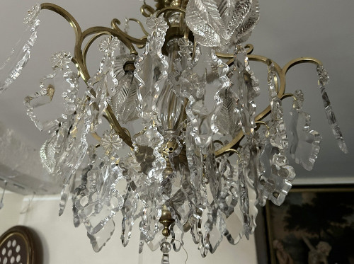 Chandelier Cage 6 Lights Gilded Bronze Cut Crystal Flower Pampilles XIXè Siècle