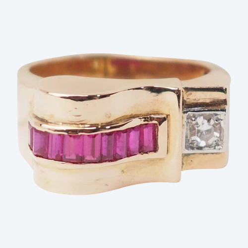 Tank-Ring aus Roségold, Rubinen und Diamanten