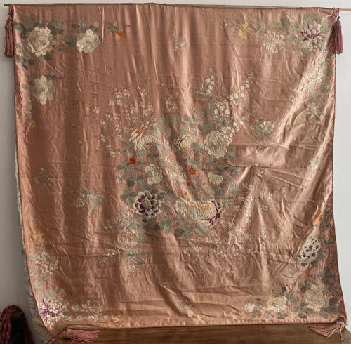 Asian Silk Rose With Peonies Embroidered Wall Hanging