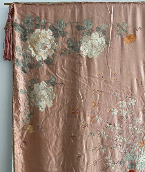 Asian Silk Rose With Peonies Embroidered Wall Hanging