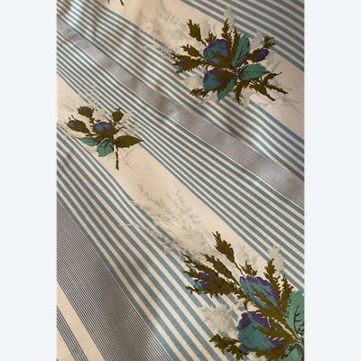 Pair of Blue Striped Curtains With Roses Decor Boussac