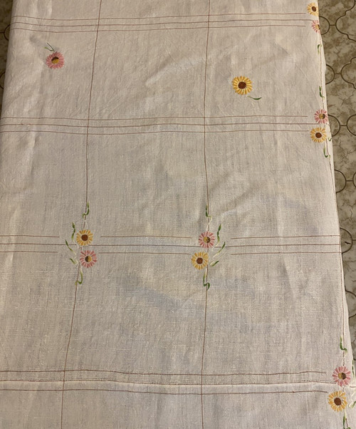 Large Linen Tablecloth Embroidered with Flower Decor XIX ème