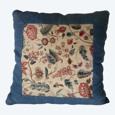 Large Square Cushion with Flowers Decor in Linen XIX th