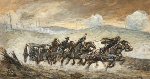 Julien Le Blant - Horse-drawn cannon under shellfire