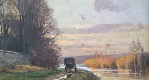 Henri JOURDAIN - Landschaft mit einem Fluss und einer Kutsche auf dem Weg