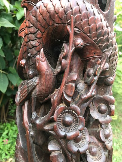 Sellette, colonne, Vietnam en bois massif sculpté éléphants, dragon… ASIE 