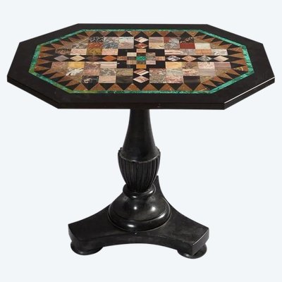 Pedestal table in black marble and marble inlay Florence 19th century