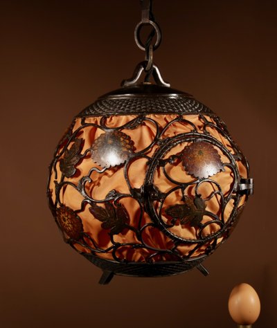 A rare large Japanese/Chinese original patinated Champleve table lamp/hanging lantern in