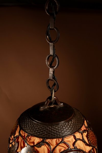 A rare large Japanese/Chinese original patinated Champleve table lamp/hanging lantern in