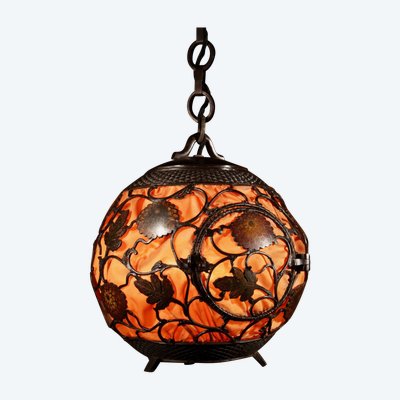 A rare large Japanese/Chinese original patinated Champleve table lamp/hanging lantern in