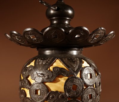 Unusual Large Japanese/Chinese bronze table/hanging lantern lamp, circa 1900-20.