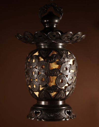 Unusual Large Japanese/Chinese bronze table/hanging lantern lamp, circa 1900-20.