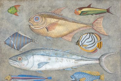 Painted canvas depicting a fish plank. Contemporary work.LS6027911A