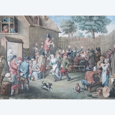 scena ad acquerello di una festa di paese nello stile di Teniers