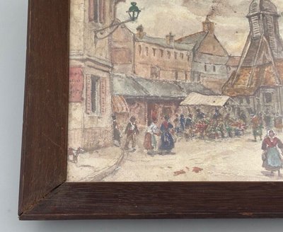 Aquarelle sur papier par Alfred Hilpert 1927 scène de marché à Honfleur