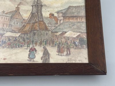 Aquarelle sur papier par Alfred Hilpert 1927 scène de marché à Honfleur