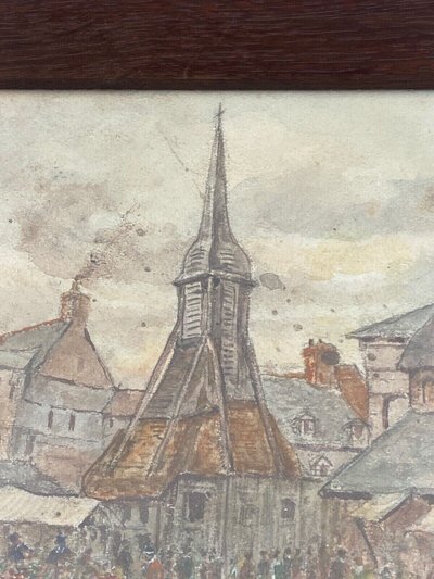 Aquarelle sur papier par Alfred Hilpert 1927 scène de marché à Honfleur