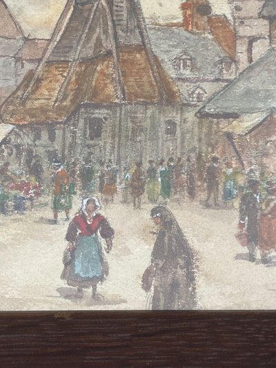 Aquarelle sur papier par Alfred Hilpert 1927 scène de marché à Honfleur