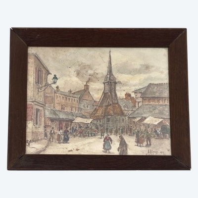 Aquarelle sur papier par Alfred Hilpert 1927 scène de marché à Honfleur