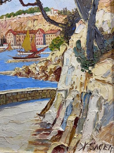 Tableau signé Xavier SAGER 1881-1969 Route de Nice vue sur port Paire possible