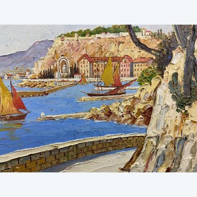 Tableau signé Xavier SAGER 1881-1969 Route de Nice vue sur port Paire possible