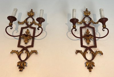 Pair of Red Antique Wrought Iron And Wood Wall Lights With Golden Acanthus Leaves.